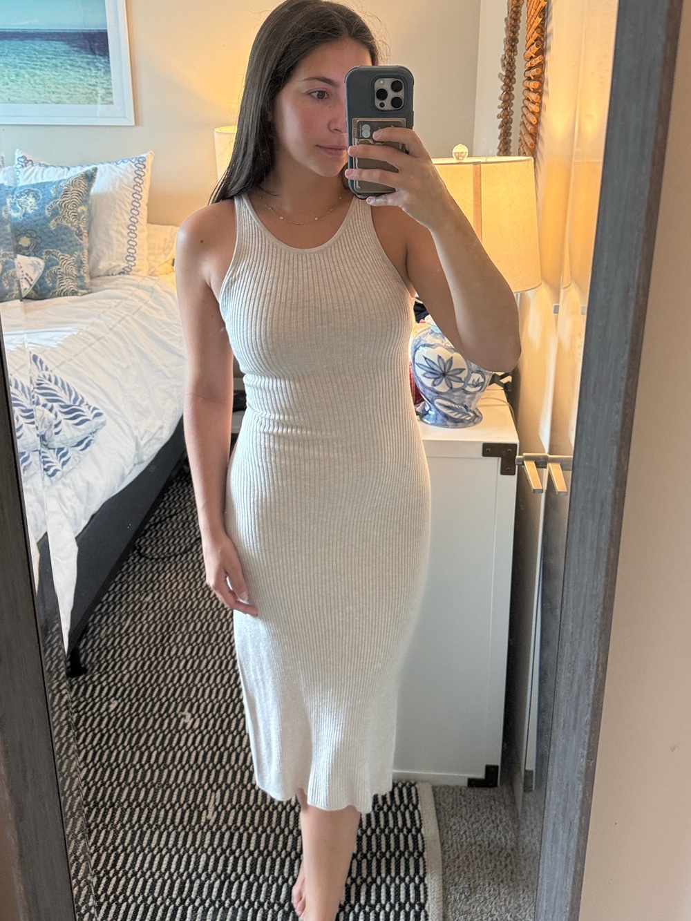 Cream Ribbed Tank Midi Dress